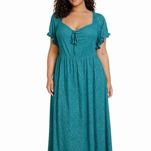 Vibe Sportswear Chic Teal Eyelet Maxi Dress